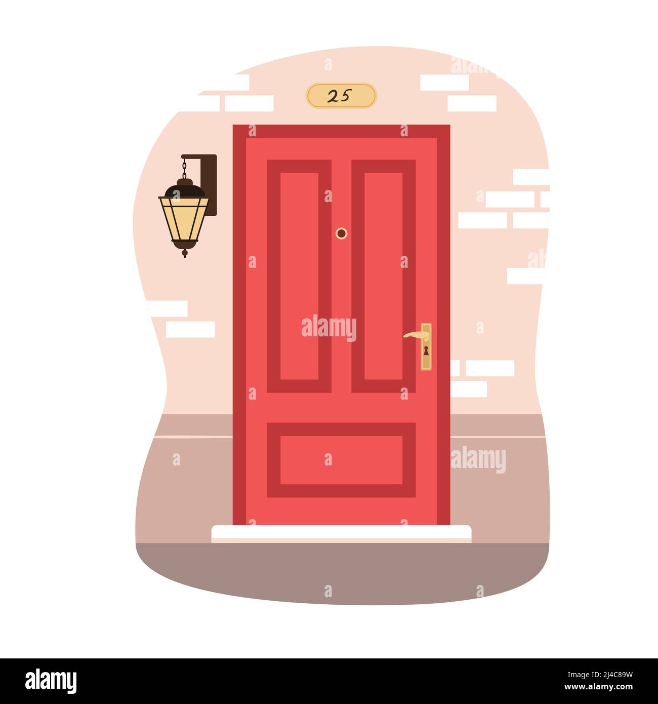 Porta rossa a casa appartamento, casa muro di mattoni, edificio classico ingresso con decorazione Illustrazione Vettoriale