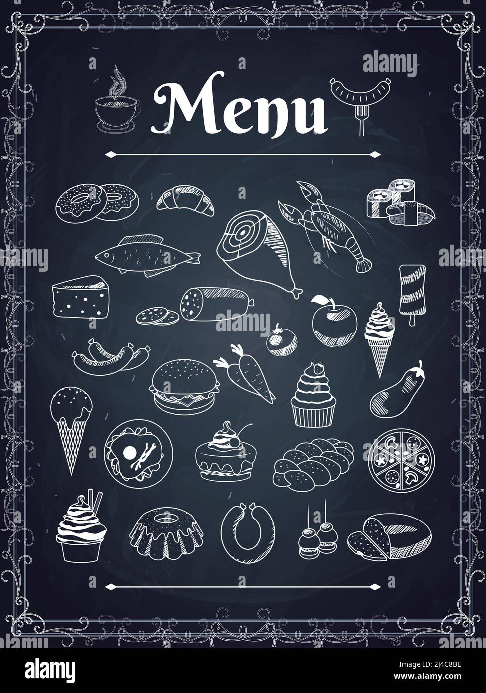 elementi del menu vector food sulla tavola di gesso Illustrazione Vettoriale
