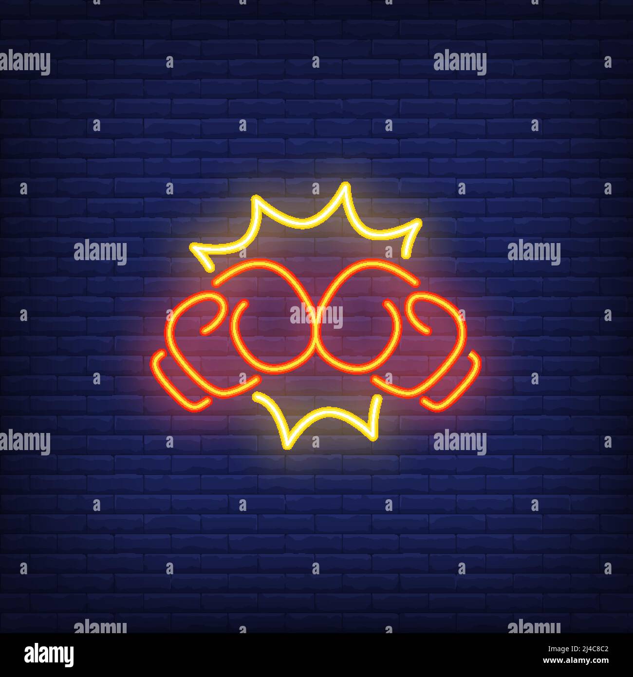 Neon icona di pugno pugilato. Due guanti in colpo su sfondo muro di mattoni. Concetto di sport o club di combattimento. Può essere utilizzato per insegne al neon, poster, cartelloni Illustrazione Vettoriale