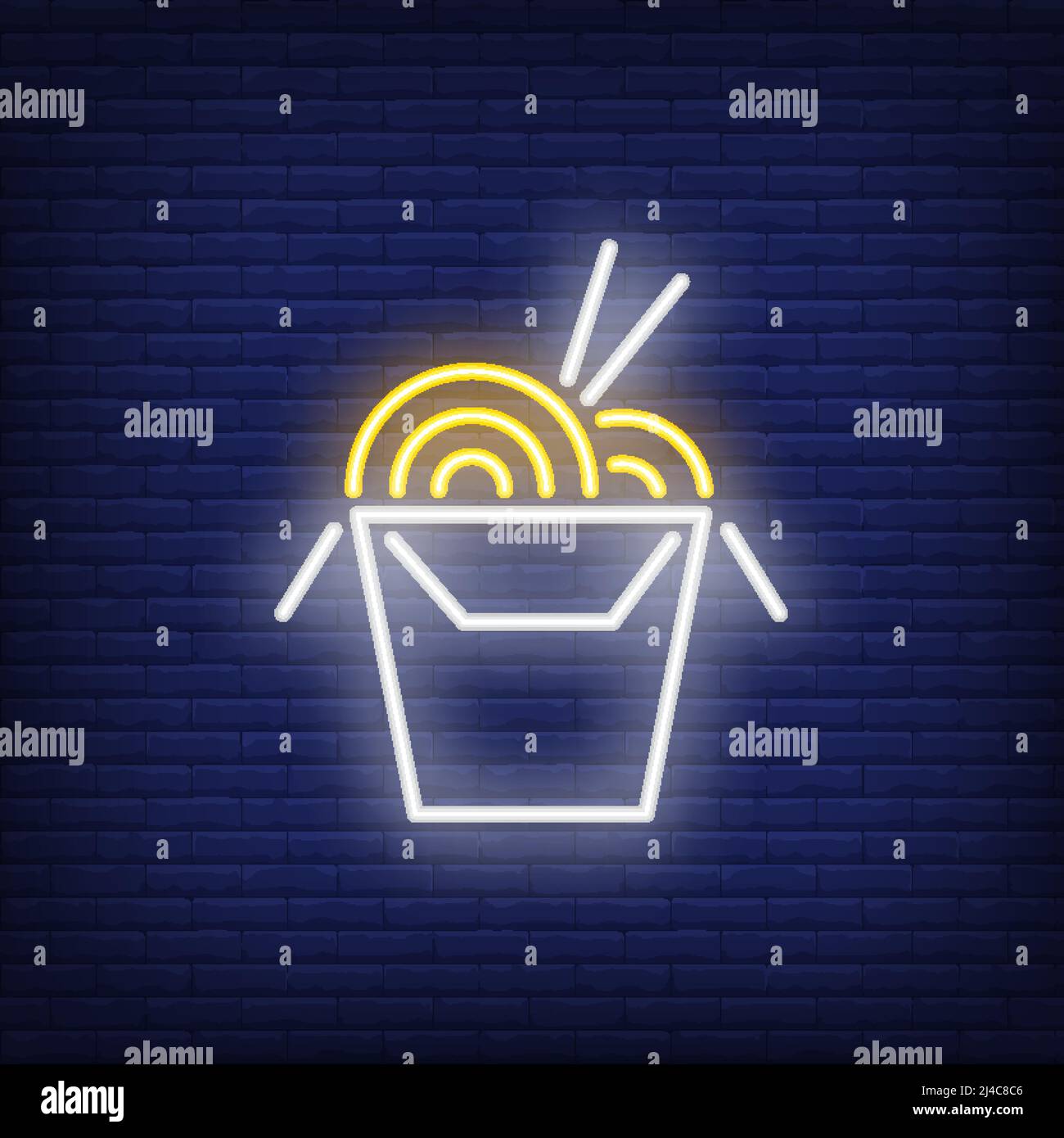 Neon icona di cibo cinese. Scatola da asporto di tagliatelle con bacchette su sfondo muro di mattoni. Concetto di cucina asiatica. Può essere utilizzato per insegne al neon, poster Illustrazione Vettoriale