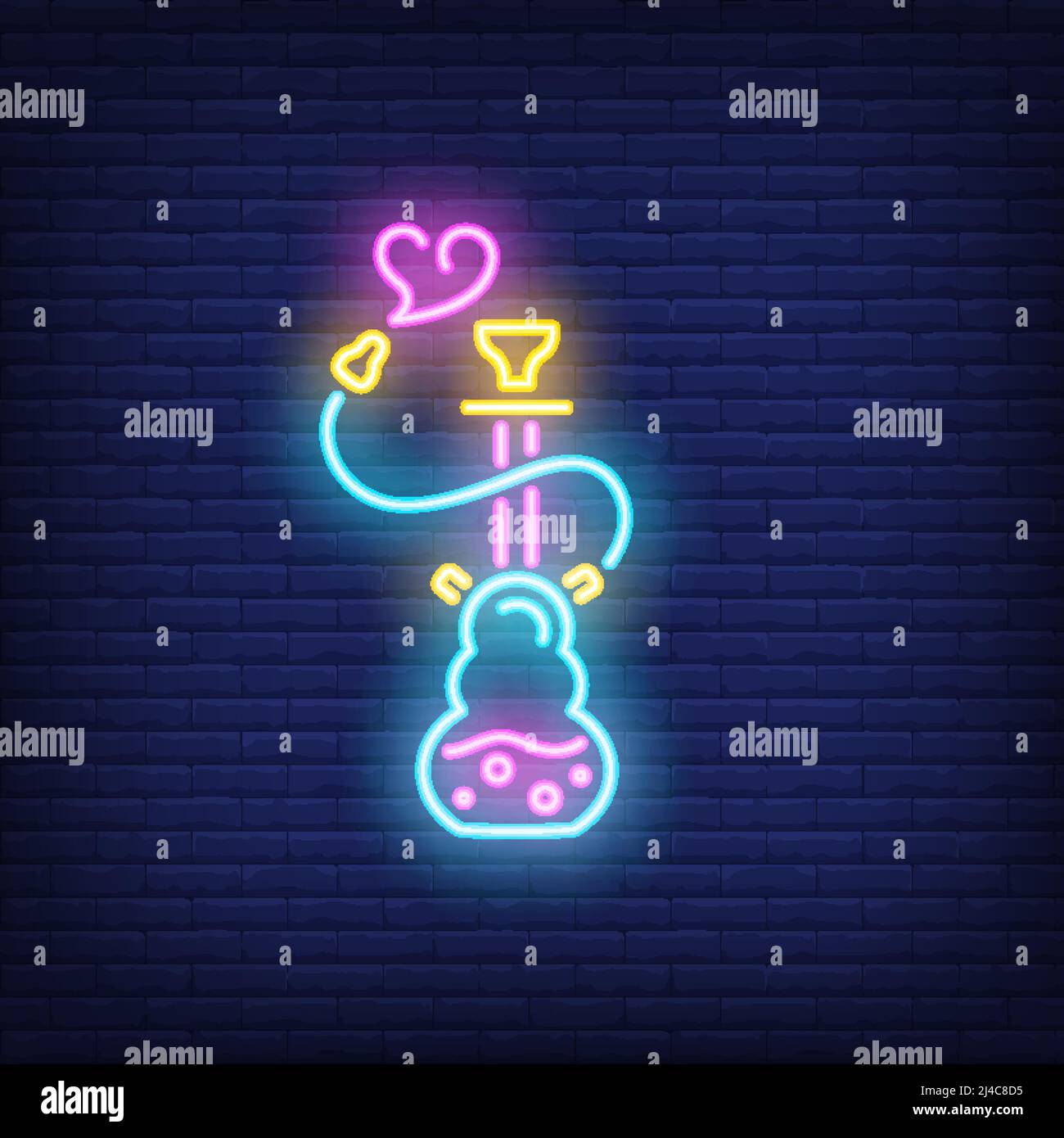 Neon icona di hookah con cuore a forma di fumo su sfondo muro di mattoni. Vita notturna o concetto di incontri. L'elemento luminoso al neon può essere utilizzato per lounge, cl Illustrazione Vettoriale