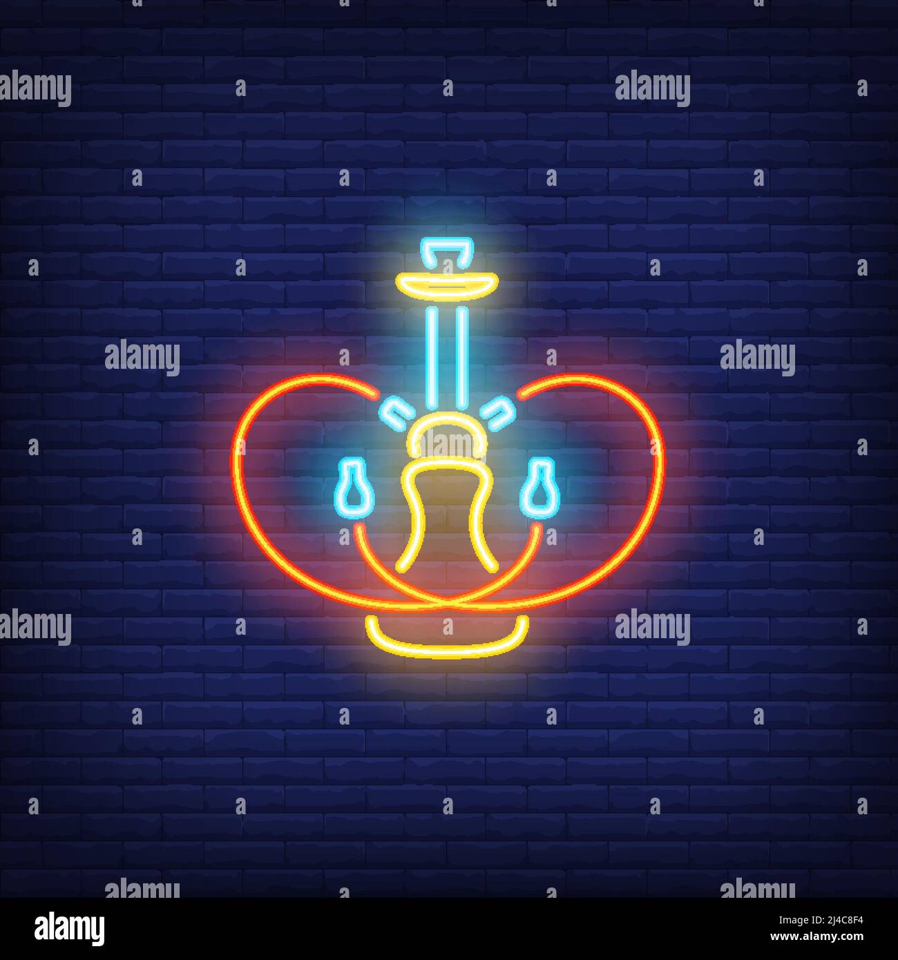Neon icona di Hookah con due tubi a forma di cuore su sfondo muro di mattoni. Vita notturna o concetto di incontri. L'elemento luminoso al neon può essere utilizzato per il salotto Illustrazione Vettoriale