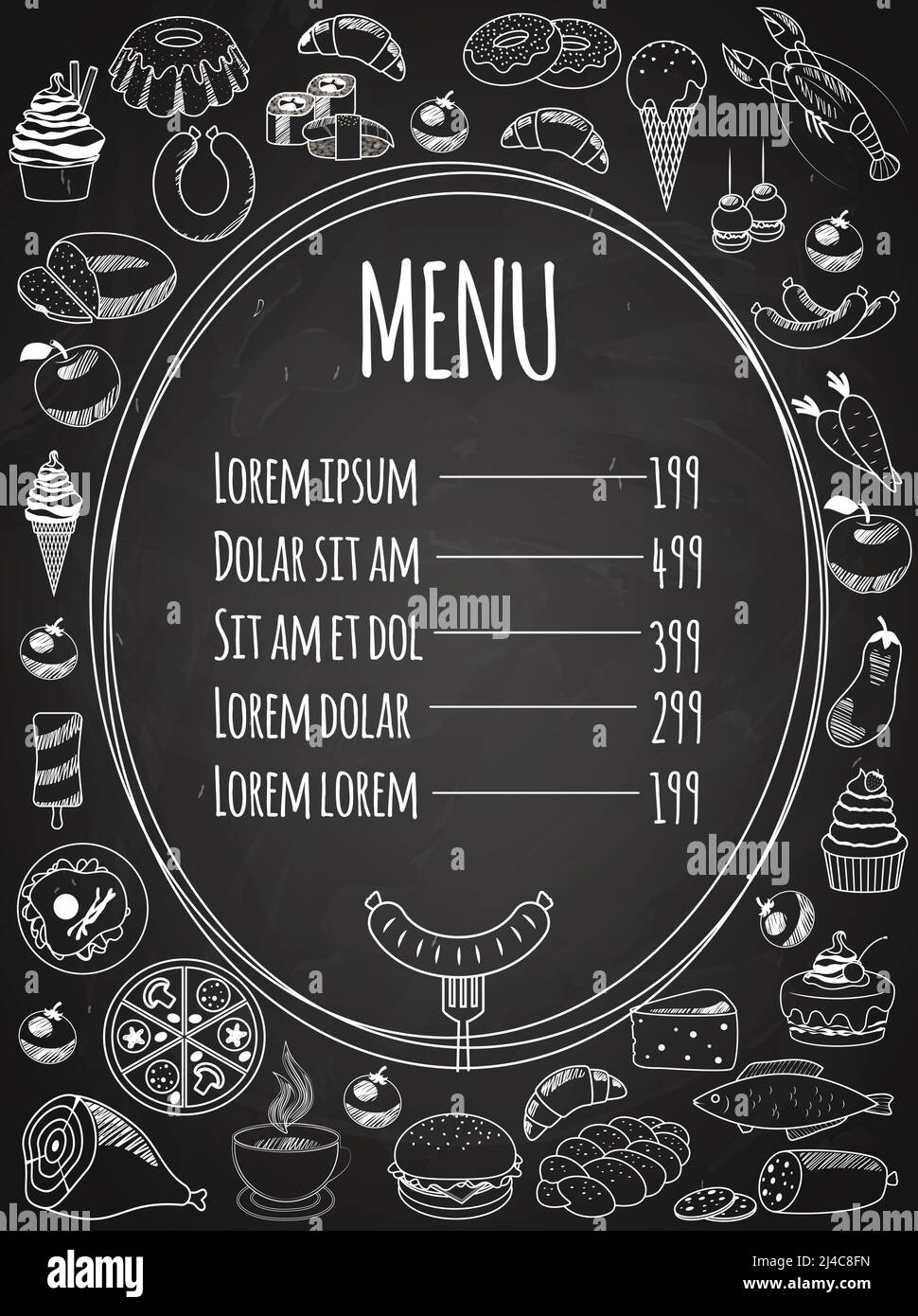 Vector Seamless Food Menu scritto su Lavagna con decorazione alimentare Di lato Illustrazione Vettoriale