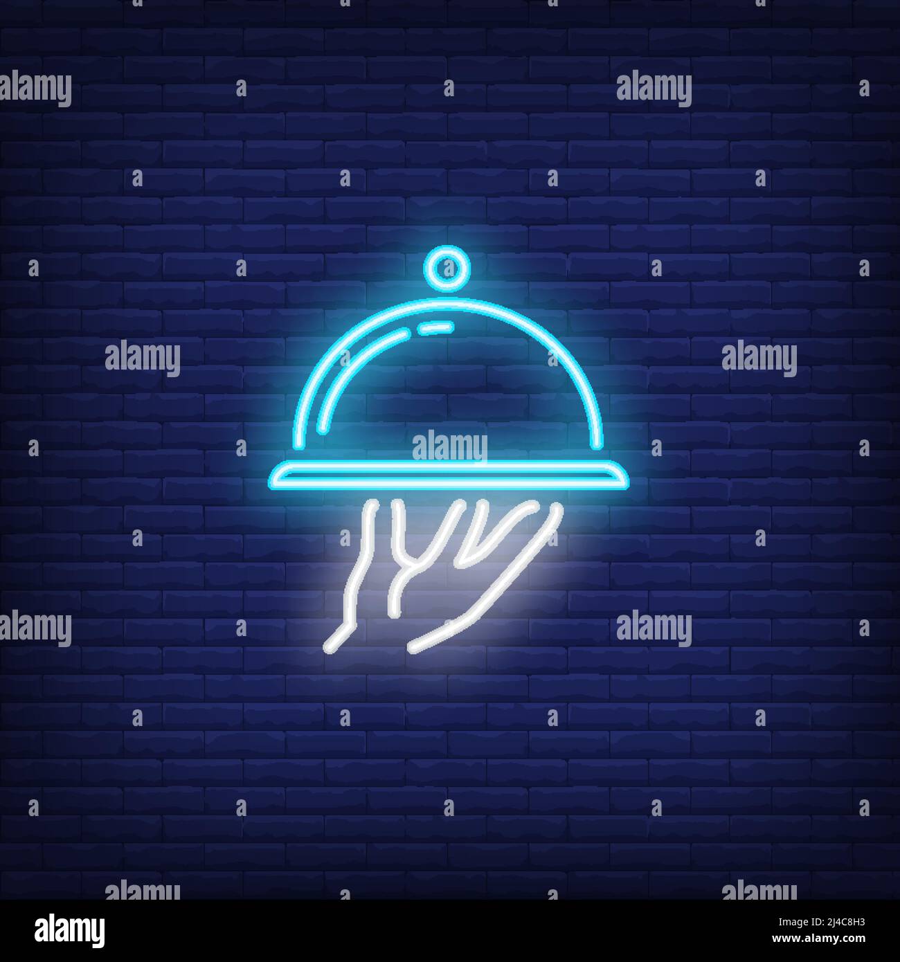 Neon icona del piatto. Tenere a mano vassoio di servizio su sfondo muro di mattoni. Servizio ristorante. Può essere utilizzato per insegne al neon, poster, cartelloni, ba Illustrazione Vettoriale