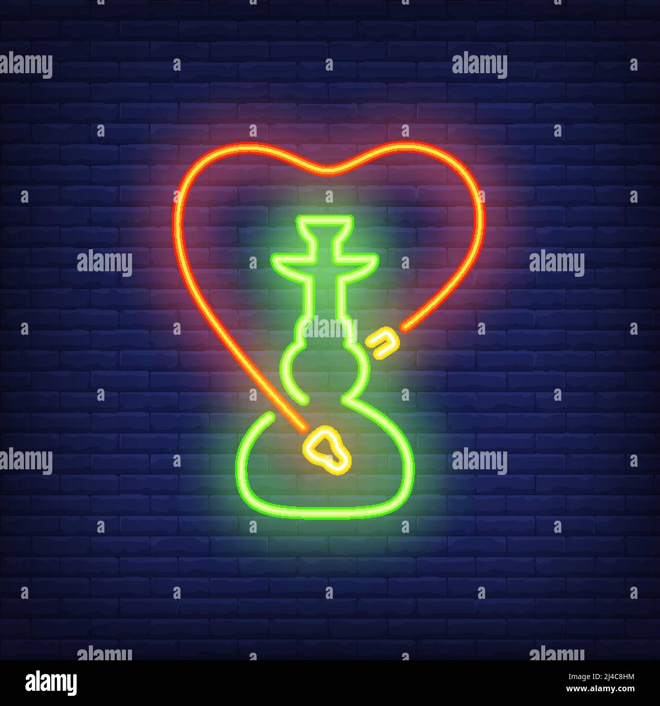 Neon icona di Hookah con cuore a forma di tubo su sfondo muro di mattoni. Fumo o concetto romantico. L'elemento luminoso del cartello al neon può essere utilizzato per lounge, club Illustrazione Vettoriale