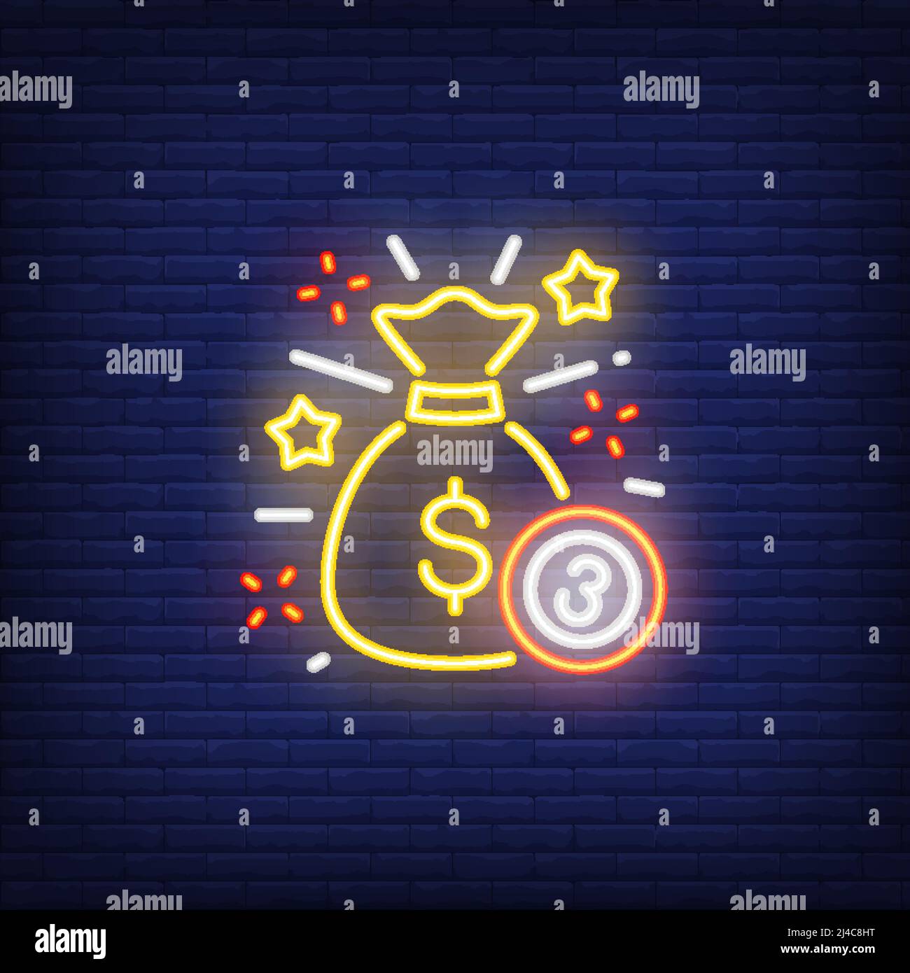 Neon icona del jackpot. Sacco di soldi e palla con la figura di tre su sfondo muro di mattoni. Concetto di gioco della lotteria. Può essere utilizzato per insegne al neon, poster, Illustrazione Vettoriale
