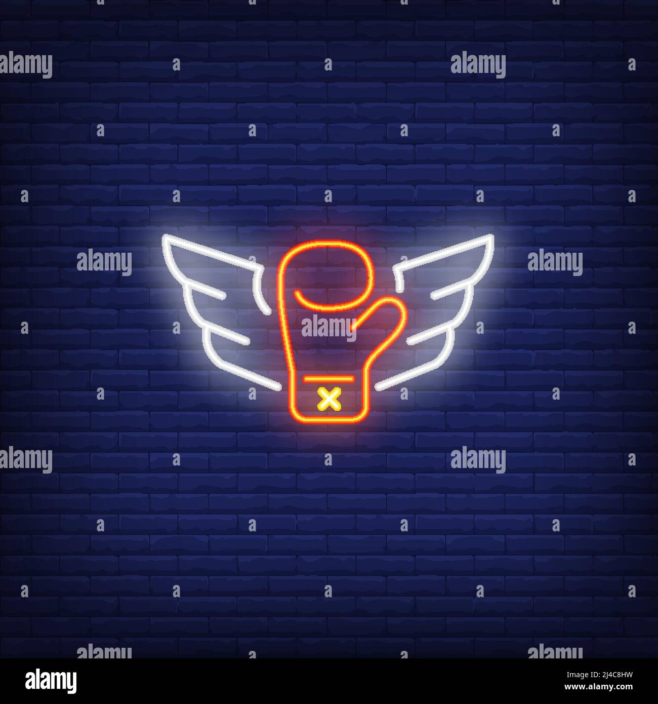 Neon icona di volare boxing guanto con ali su sfondo muro di mattoni. Concetto di sport o club di combattimento. Può essere utilizzato per insegne al neon, poster, cartelloni, ba Illustrazione Vettoriale