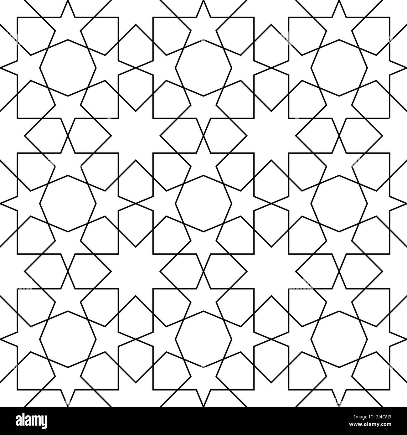 Ornamento geometrico senza giunture basato su arte islamica tradizionale.linee di colore nere. Illustrazione Vettoriale