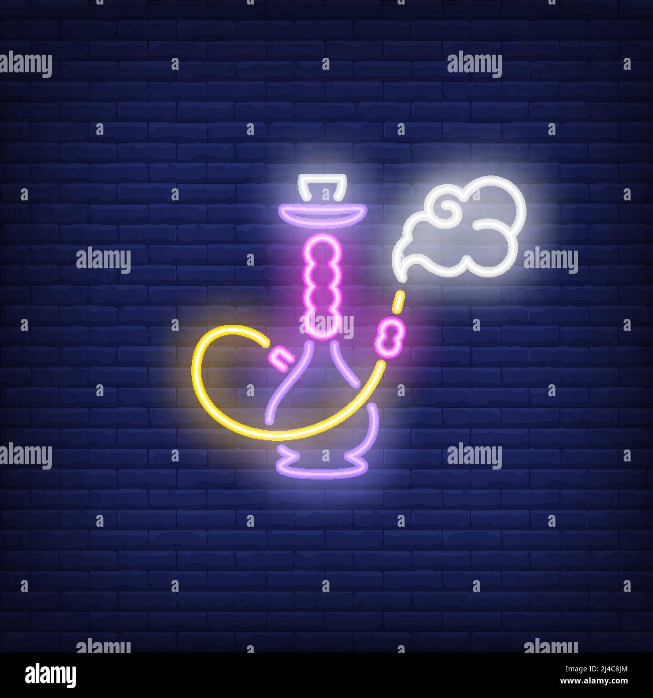 Neon icona di hookah con fumo su sfondo muro di mattoni. Concetto di fumatori. L'elemento luminoso del segno del neon può essere usato per la pubblicità del salotto, del randello e del caffè. Illustrazione Vettoriale