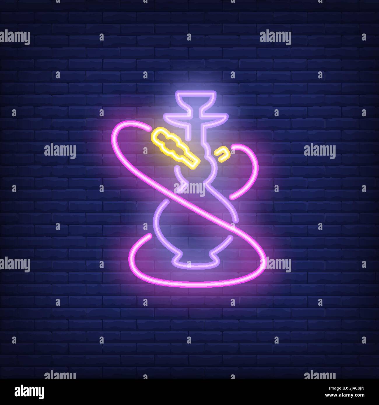 Neon icona di Hookah con due tubi rosa su sfondo muro di mattoni. Vita notturna o concetto di incontri. L'elemento luminoso del segno del neon può essere usato per il salotto, il randello A. Illustrazione Vettoriale