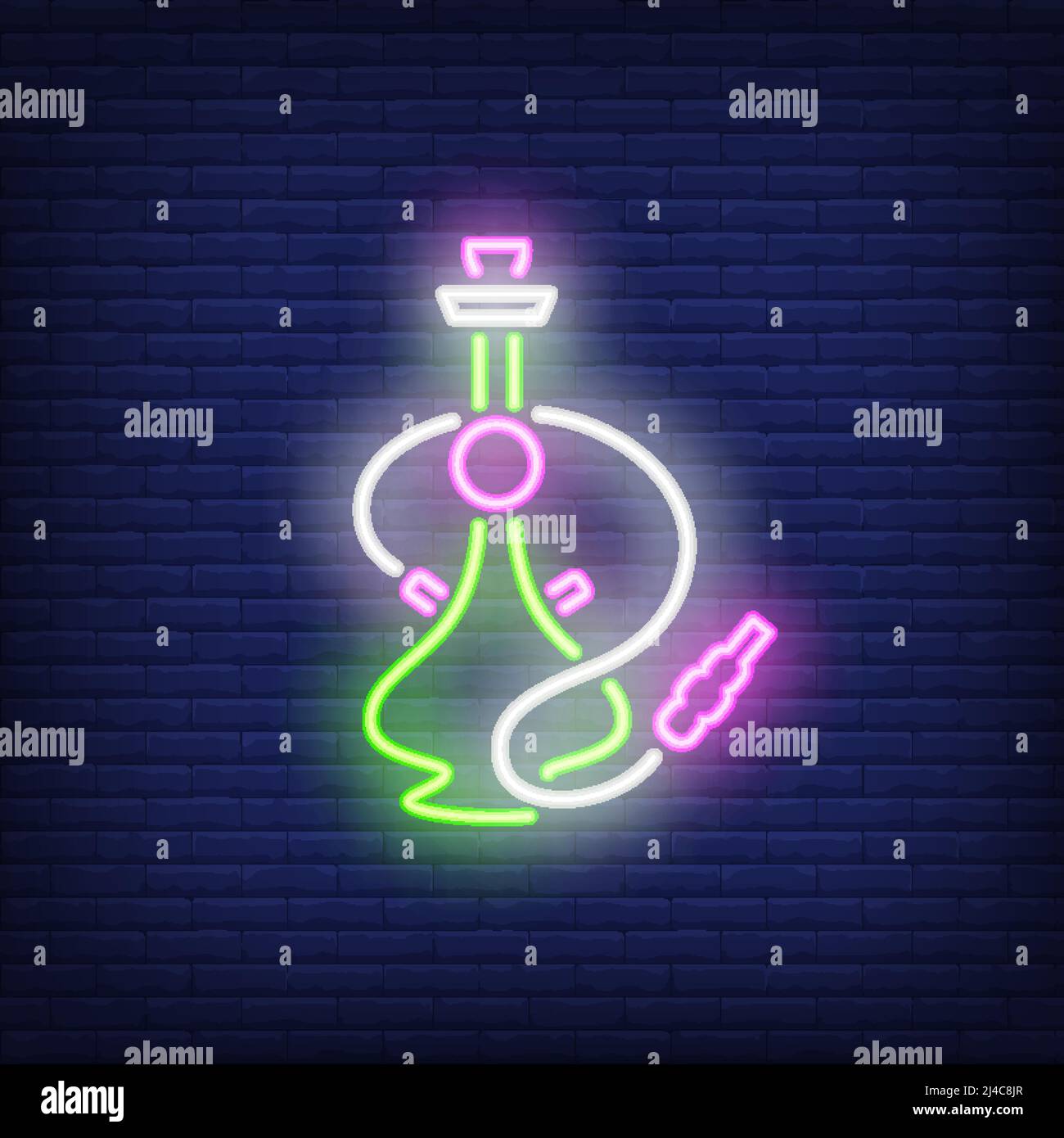 Neon icona di verde e rosa Hookah su sfondo muro di mattoni. Fumatori e per il tempo libero. Night Bright Neon elemento può essere utilizzato per lounge, club Illustrazione Vettoriale