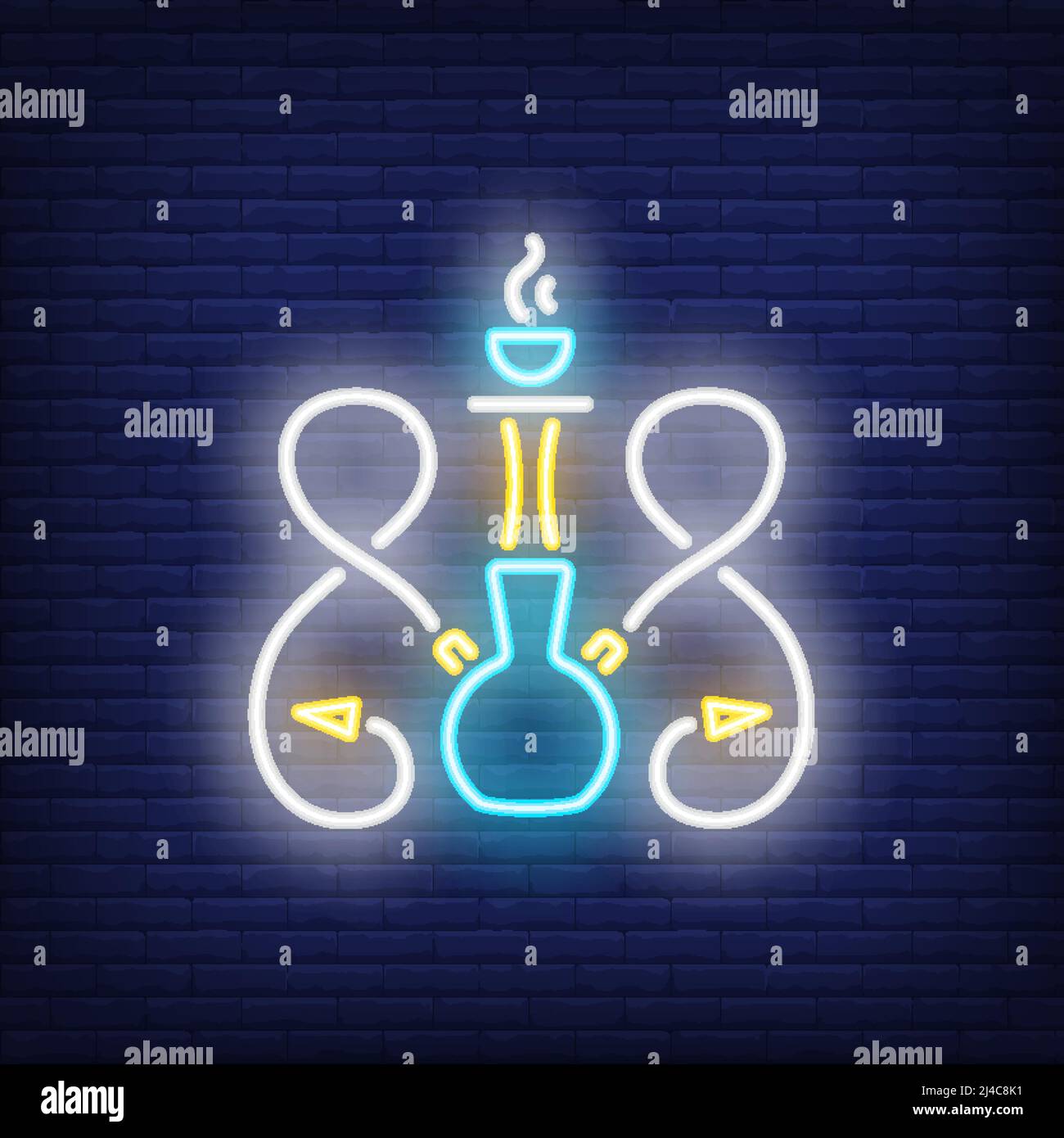 Neon icona di Hookah con due tubi su sfondo muro di mattoni. Fumo o concetto romantico. L'elemento luminoso al neon può essere utilizzato per lounge, club e caffè Illustrazione Vettoriale