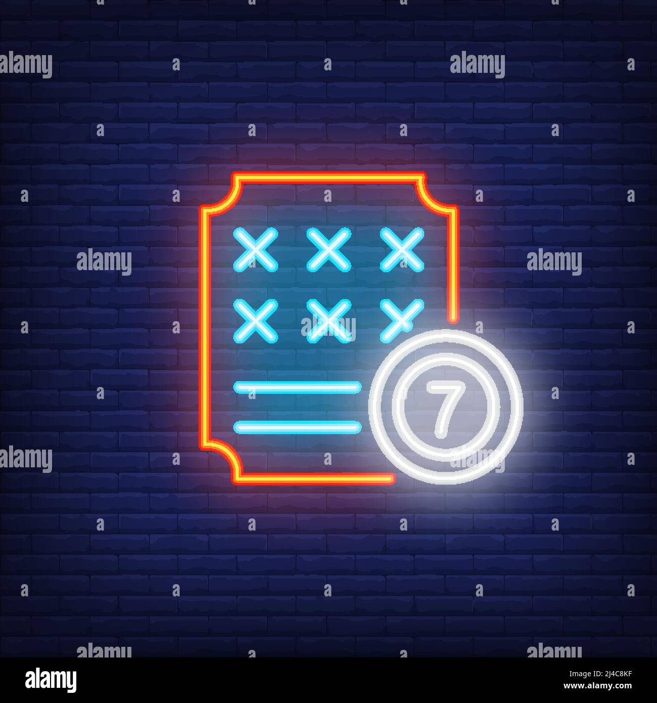Neon icona del biglietto della lotteria. Carta graffio e palla con la figura di sette su sfondo muro di mattoni. Concetto di gioco di Lotto. Può essere utilizzato per i segni al neon, p. Illustrazione Vettoriale