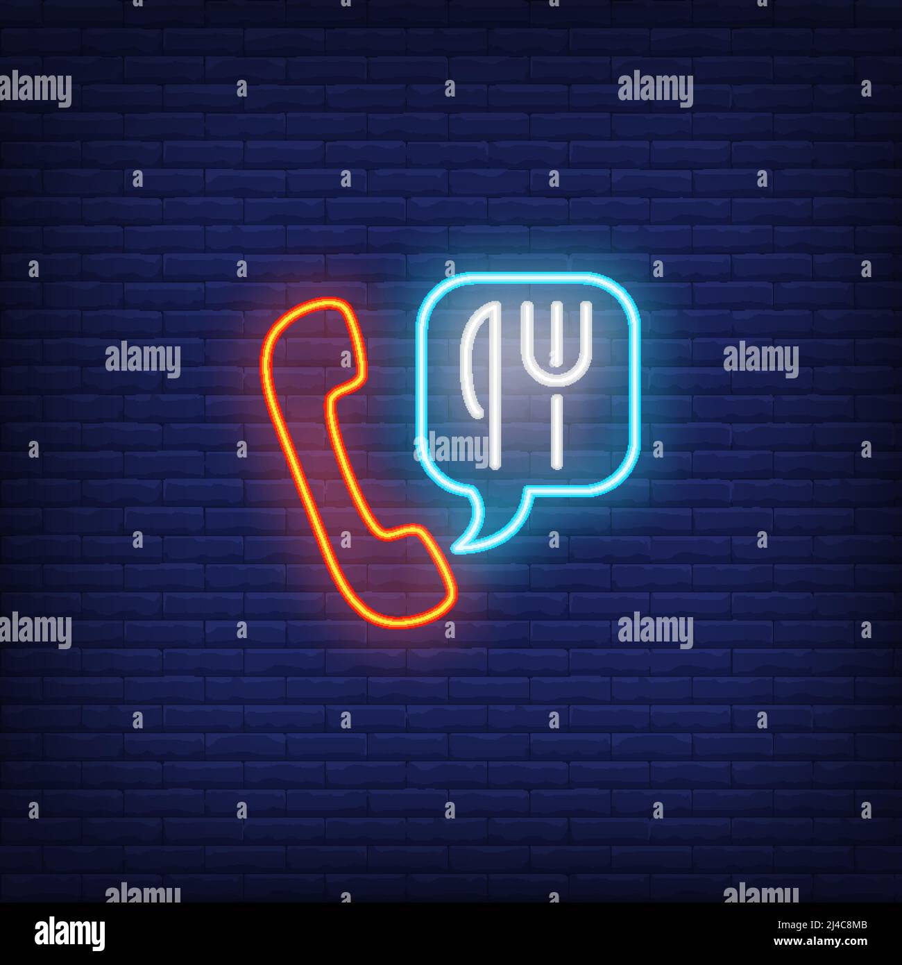 Neon icona di ordinazione di cibo. Telefono e forchetta e coltello all'interno del fumetto su sfondo mattone parete. Concetto di consegna degli alimenti. Può essere utilizzato per i segni al neon, Illustrazione Vettoriale