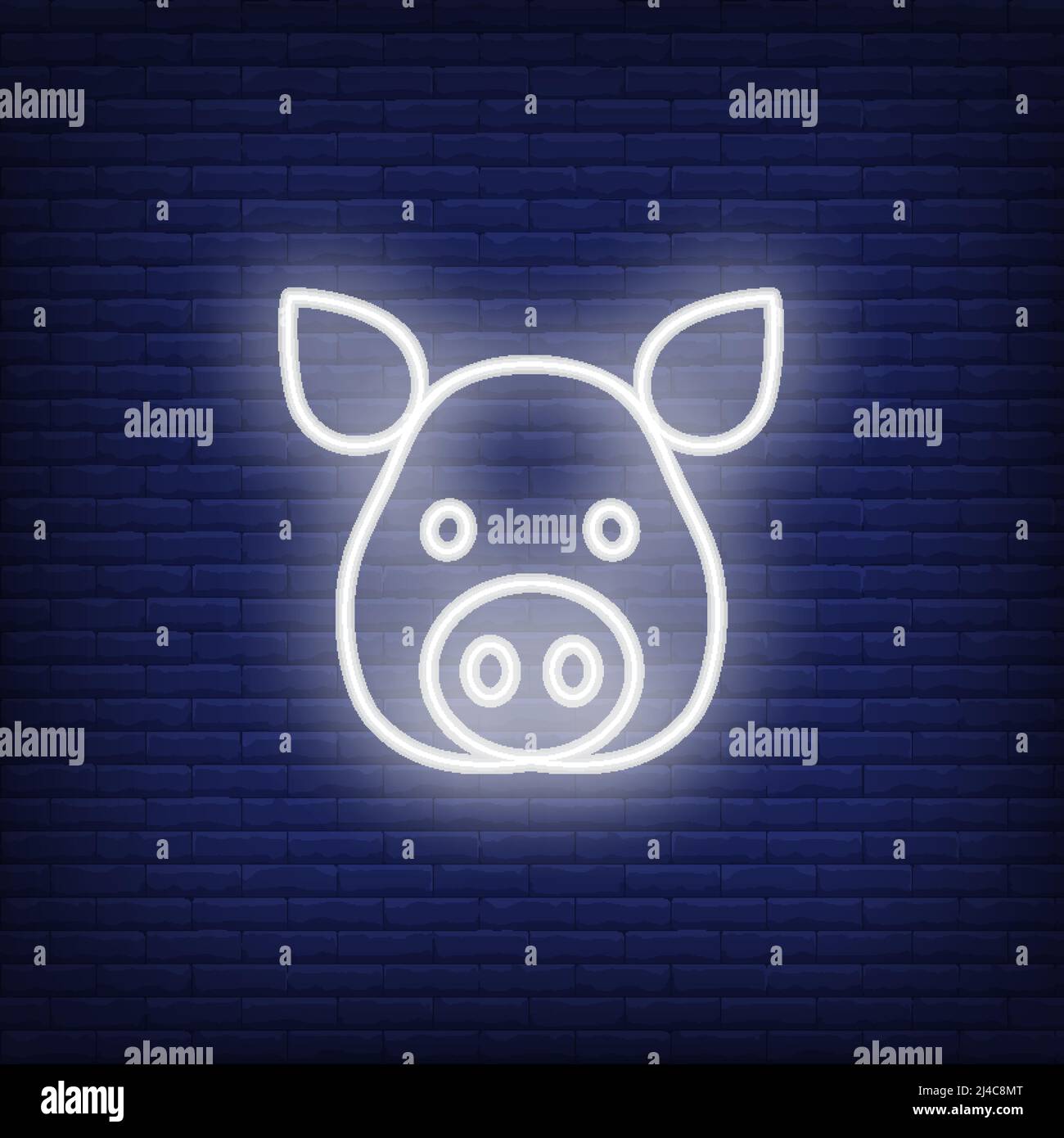 Neon icona della testa di maiale. Forma del viso di maiale cartoon su sfondo muro di mattoni. Ristorante di carne o concetto di Capodanno. Può essere utilizzato per insegne al neon, poster, fatture Illustrazione Vettoriale