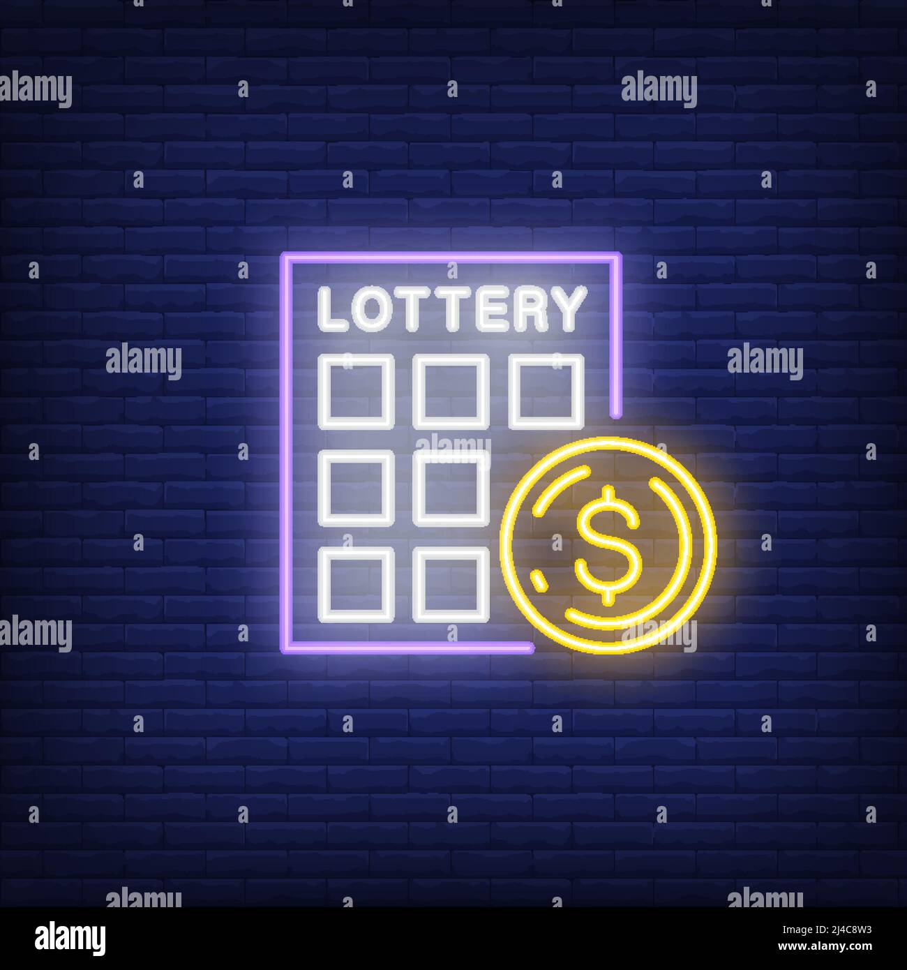 Neon icona di graffio biglietto. Biglietto della lotteria e palla con simbolo del dollaro sullo sfondo della parete di mattoni. Concetto di gioco di Lotto. Può essere utilizzato per i segni al neon, p. Illustrazione Vettoriale