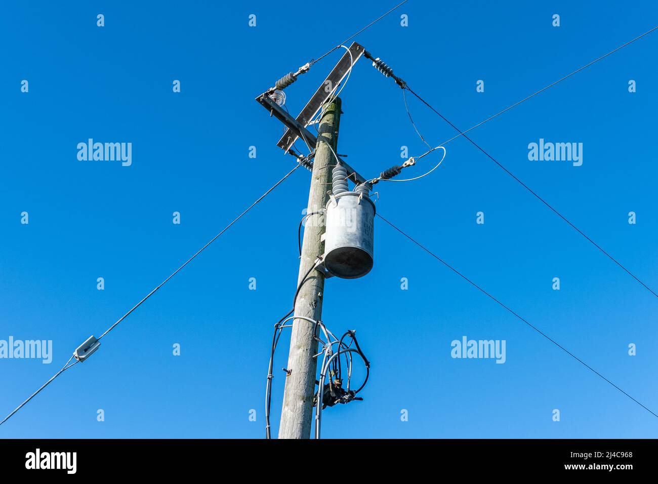 Primo piano dei poli e dei cavi elettrici ESB in Irlanda. Foto Stock