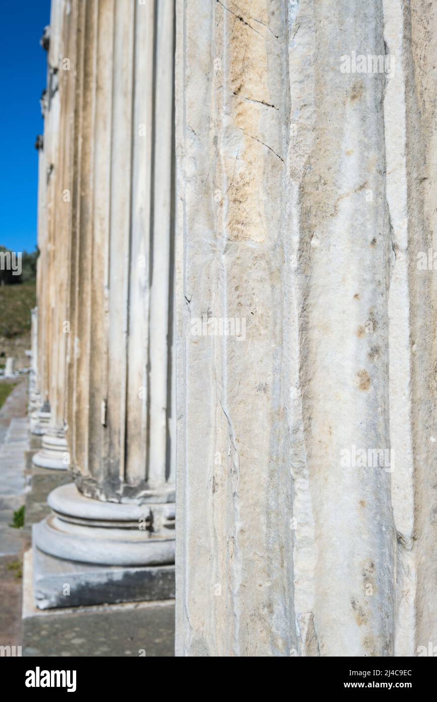 Dettaglio scanalato delle colonne che formavano il portico lungo la Galleria Nord. Ad Asklepion il bagno, guarigione, centro medico in Pergamon vecchia, ora Ber Foto Stock