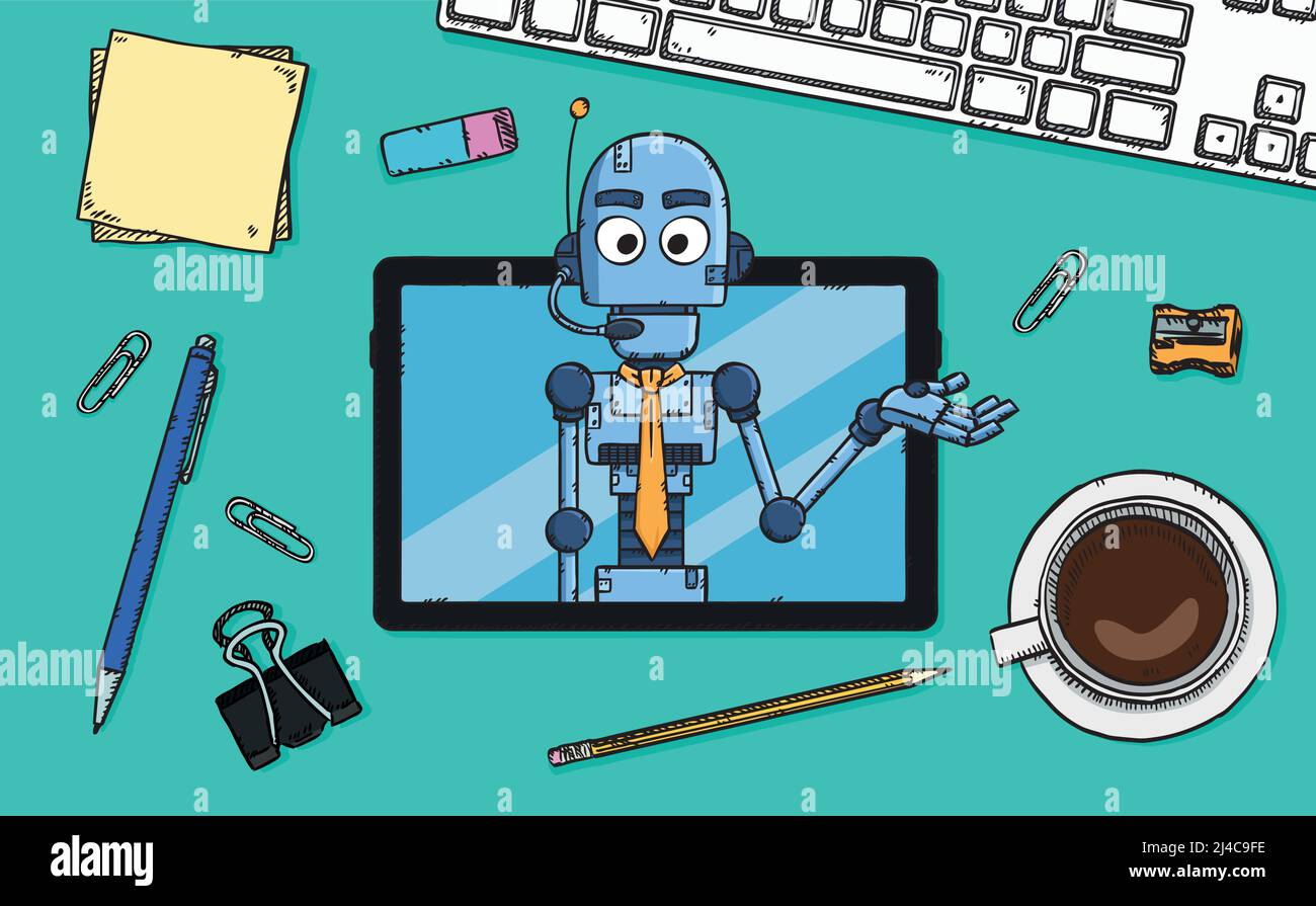 Vettore disegnato a mano del supporto clienti bot chat ai visualizzato sullo schermo del tablet. Illustrazione Vettoriale