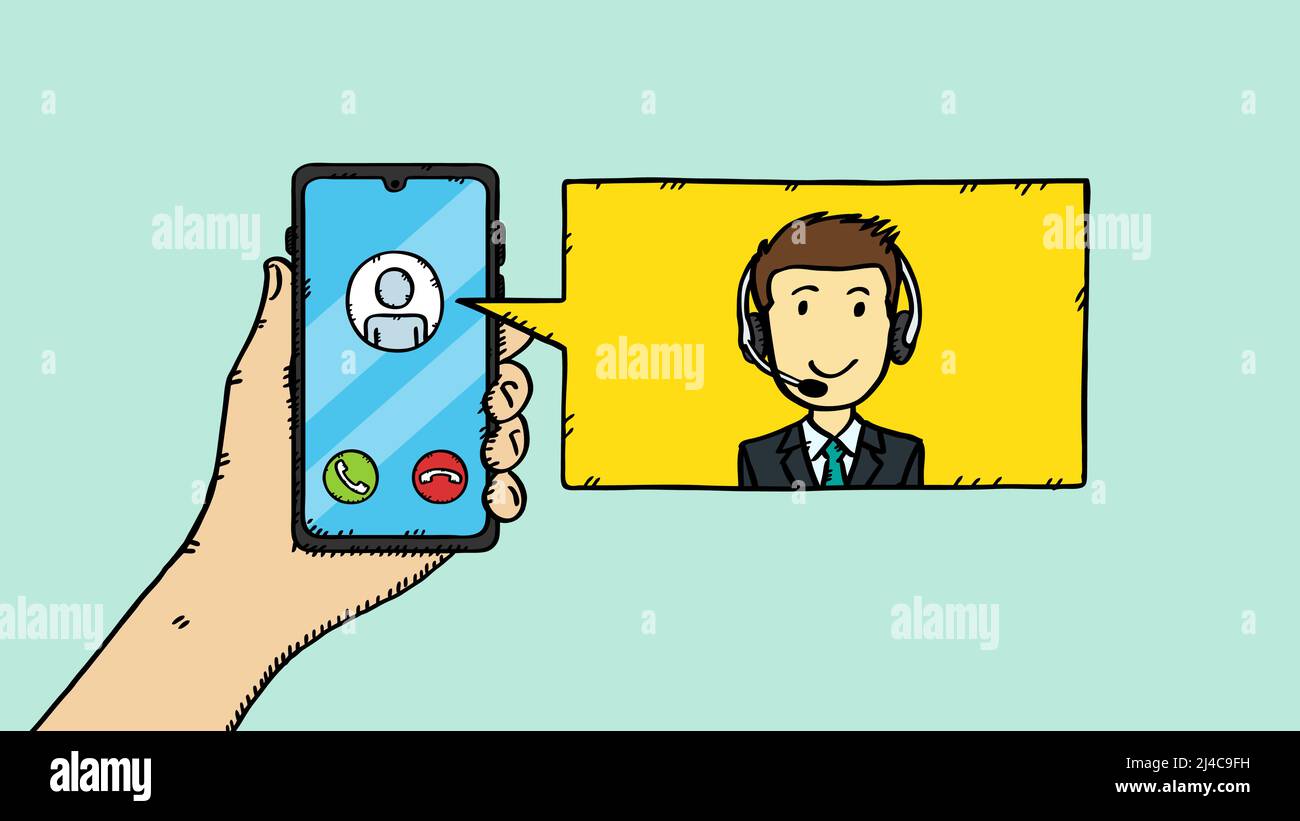 Colorato stile cartoon doodle vettore illustrazione di tenere a mano il telefono cellulare e bolla vocale con l'uomo del servizio clienti in esso. Illustrazione Vettoriale