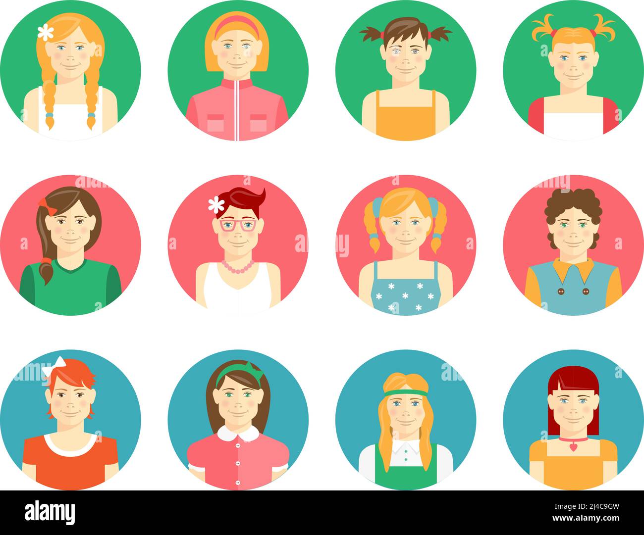 Vettore insieme di dodici ragazze sorridenti e giovani donne avatar in stile piatto con diversi tipi di capelli e capelli di abbigliamento viso colori sul pulsante rotondo Illustrazione Vettoriale