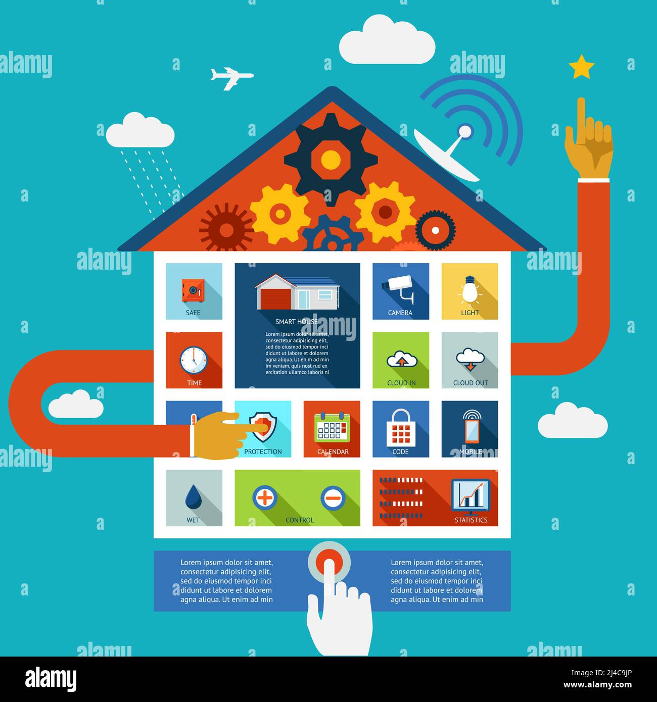 Pannello di visualizzazione vettoriale per controllare l'umidità di una smart house sicurezza e illuminazione con una persona che attiva un pulsante acceso l'interfaccia sagomata in for Illustrazione Vettoriale