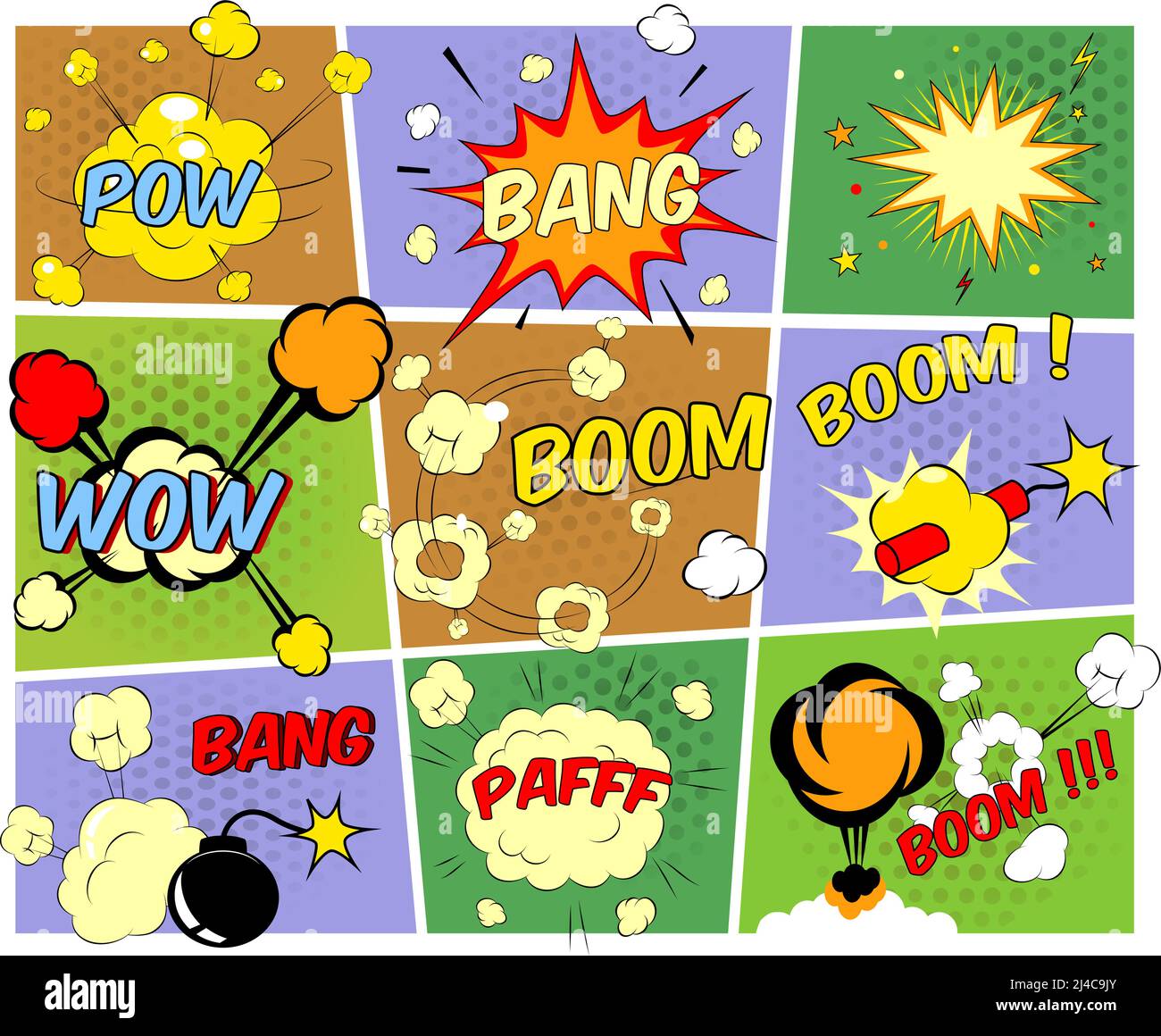 Bright mock-up colorati di fumetti fumetti che raffigurano un varietà di suoni esplosioni bandg pfaff pow wow boom con motion puffs e st Illustrazione Vettoriale