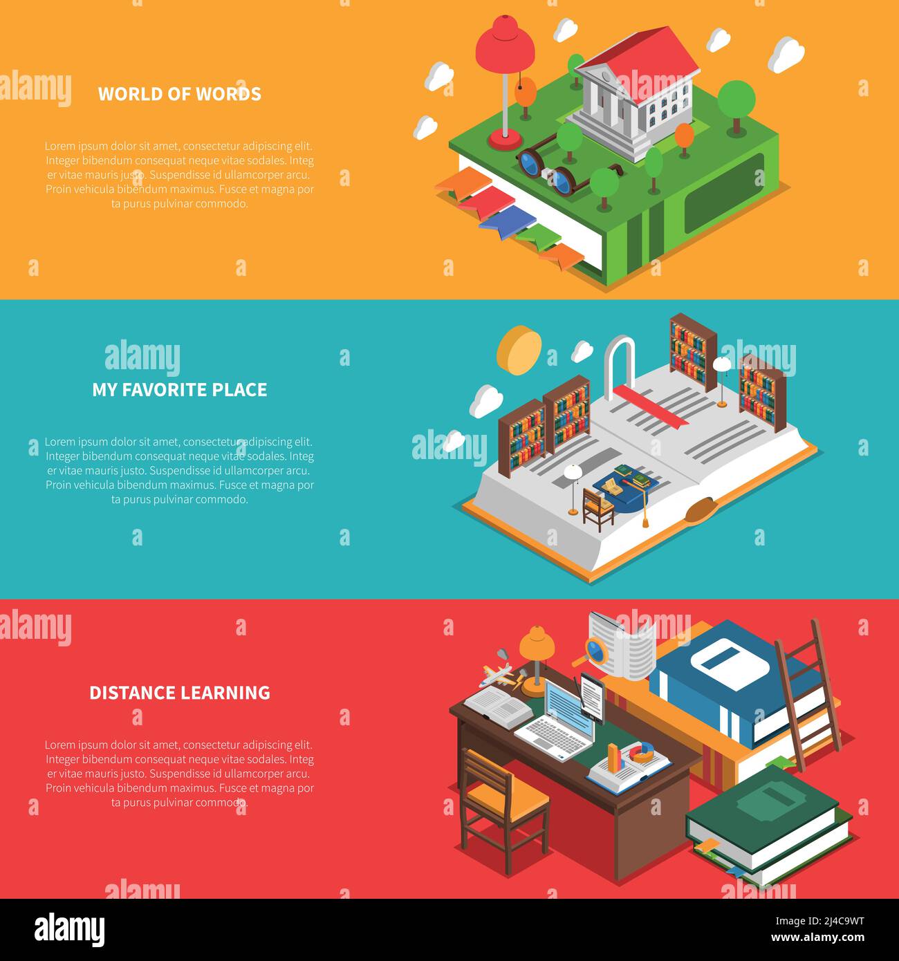 Libri banner isometrici orizzontali con simboli di apprendimento a distanza isolati illustrazione vettoriale Illustrazione Vettoriale