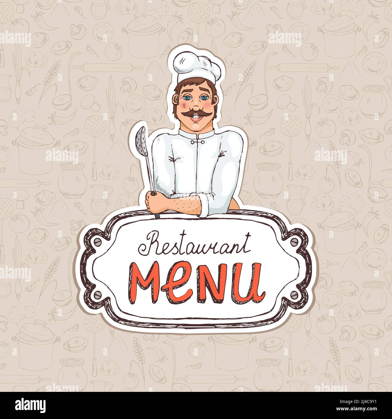 Chef Holding Spoon sul menu del ristorante Illustrazione di disegno per la copertina O Pubblicità Illustrazione Vettoriale