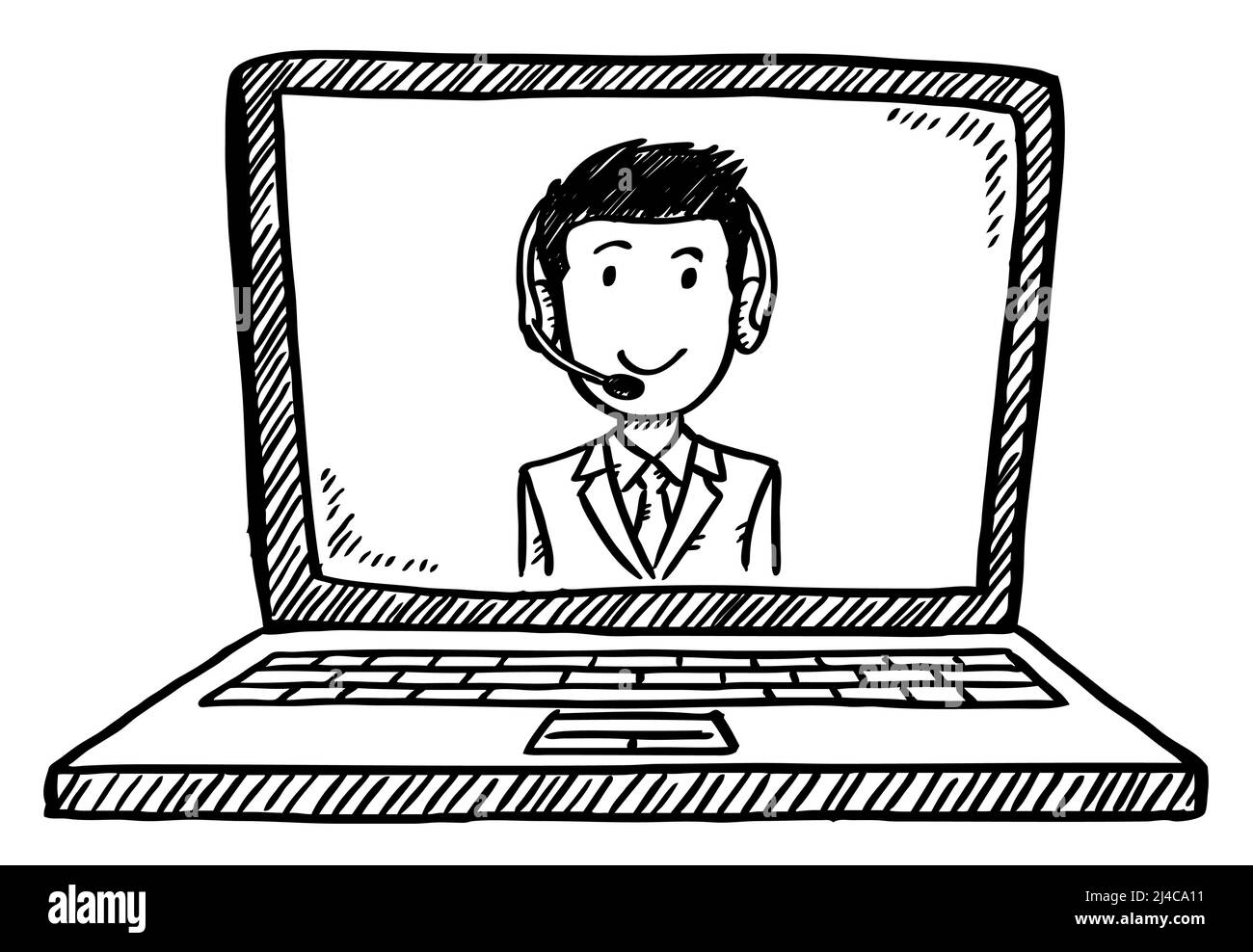 Fumetto in stile cartoon del personale addetto all'assistenza clienti visualizzato sullo schermo del notebook. Illustrazione vettoriale di doodle disegnata a mano. Illustrazione Vettoriale