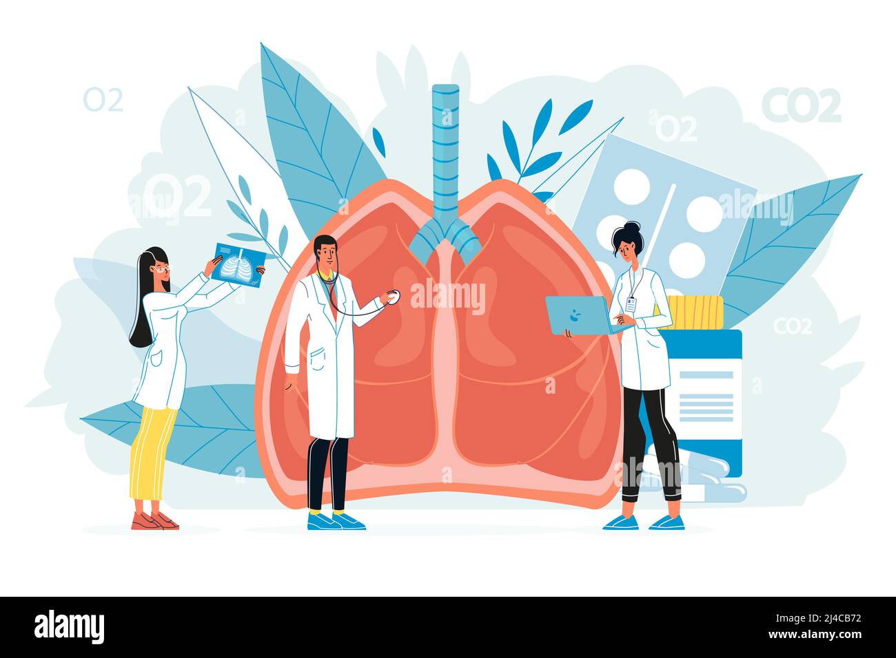 Piccolo medico che esamina il sistema respiratorio dei polmoni giganti Illustrazione Vettoriale