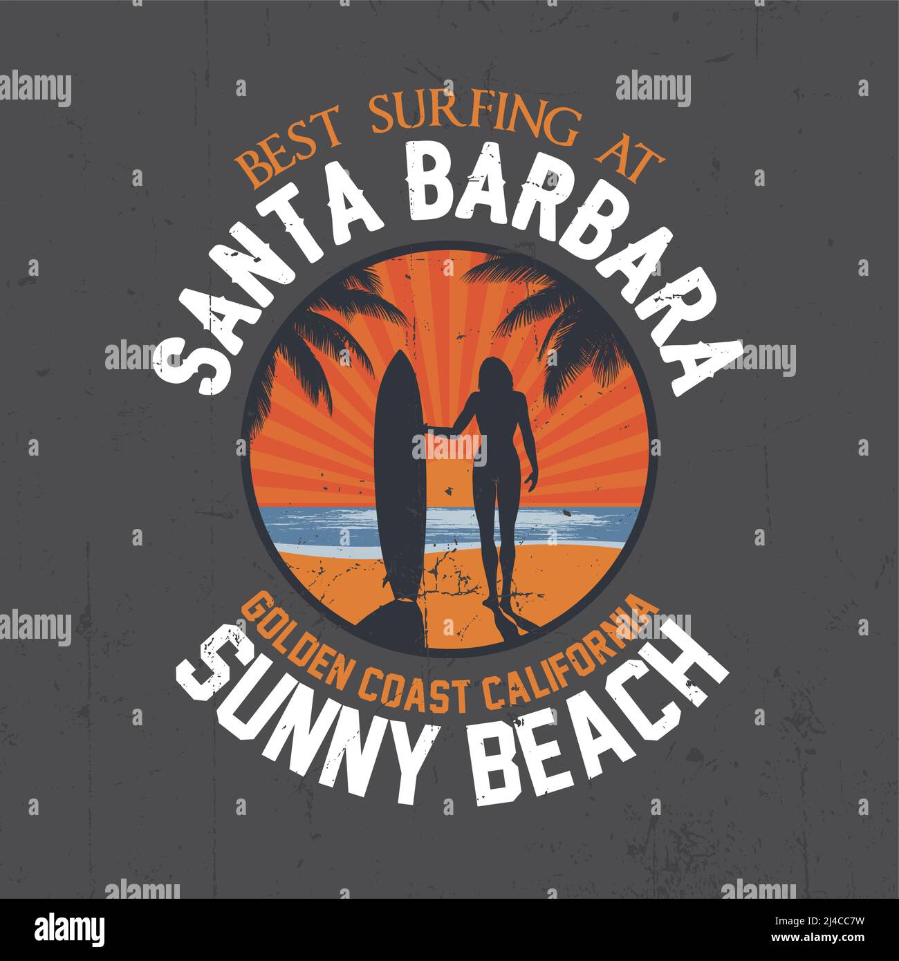 Best Surfing Poster con palma e tavola e santa barbara illustrazione vettoriale Illustrazione Vettoriale