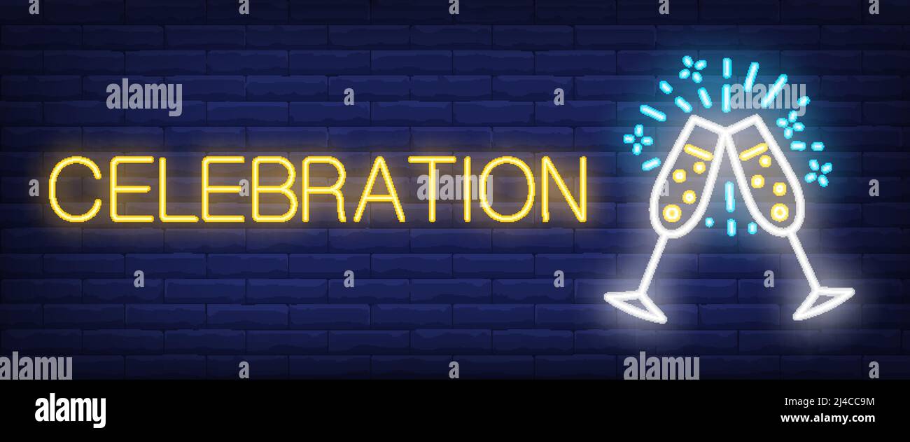 Cartello al neon per la celebrazione. Coppia di flauti Champaign su sfondo muro di mattoni. Illustrazione vettoriale in stile neon per incontri o vacanze Illustrazione Vettoriale