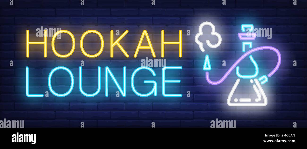 Cartello al neon Hookah lounge. Hookah con tubo fumante su sfondo muro di mattoni. Illustrazione vettoriale in stile neon per ristorante orientale e club Illustrazione Vettoriale