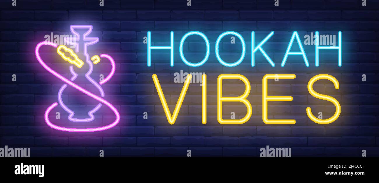 Hookah vibes neon segno. Hookah con tubi rosa su sfondo muro di mattoni. Illustrazione vettoriale in stile neon per lounge e club Illustrazione Vettoriale