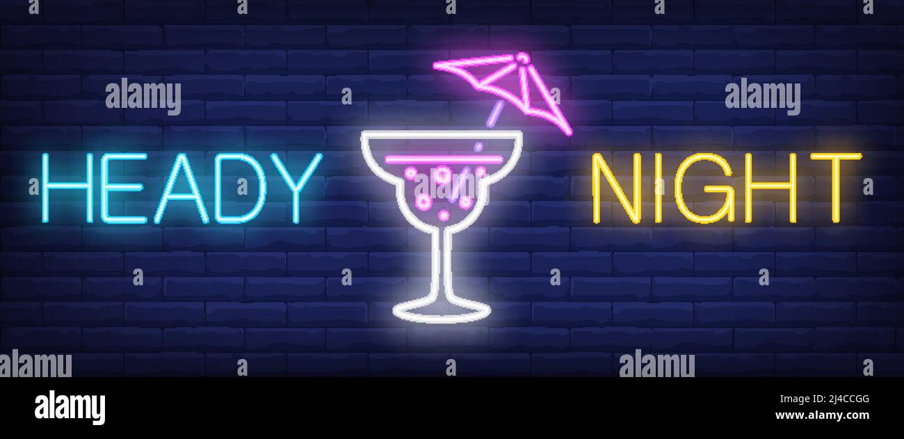 Insegna al neon per una notte di testa. Drink con ombrello su sfondo mattone. Illustrazione vettoriale in stile neon per annuncio, bar, club Illustrazione Vettoriale