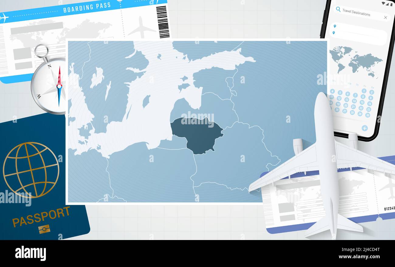 Viaggio in Lituania, illustrazione con una mappa della Lituania. Sfondo con aeroplano, cellulare, passaporto, bussola e biglietti. Mockup vettoriale. Illustrazione Vettoriale