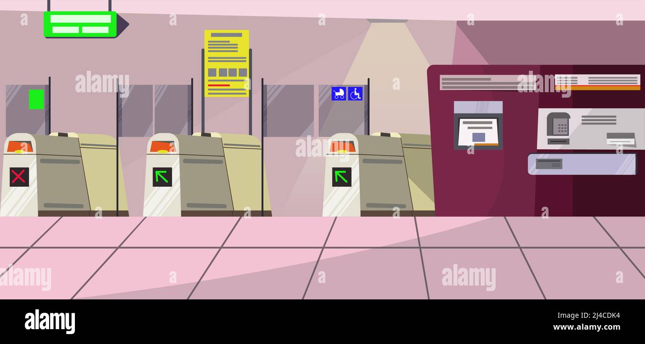 Illustrazione vettoriale dei cancelli di sicurezza dell'aeroporto. Moderno terminal e cartello di direzione nella sala dell'aeroporto. Informazioni sul sistema di autorizzazione Illustrazione Vettoriale