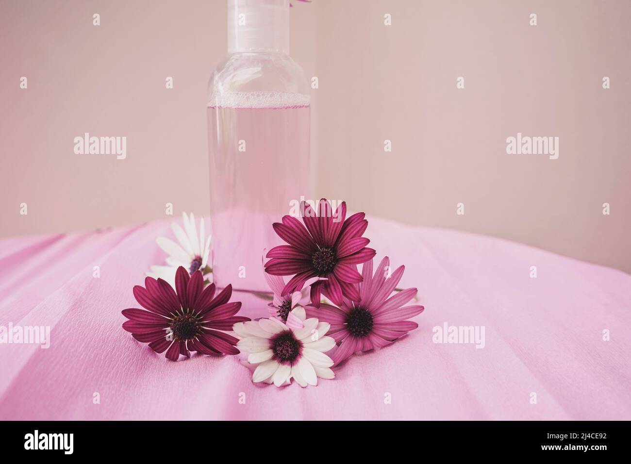 Vita di stagione ancora di fresco eco lozione viso con fiori freschi in tonalità rosa Foto Stock