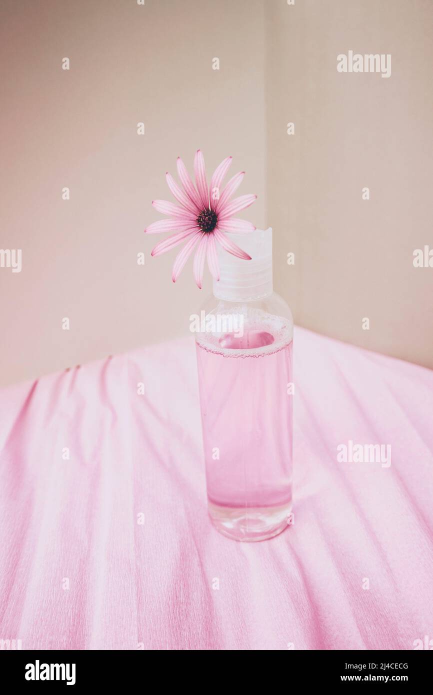 Vita di stagione ancora di fresco eco lozione viso con fiori freschi in tonalità rosa Foto Stock