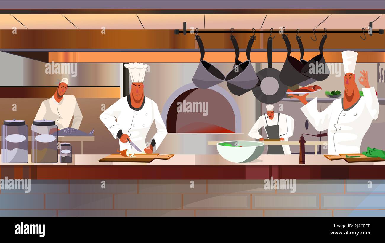 Cuochi che lavorano alla cucina del ristorante illustrazione vettoriale. Chef impegnati in piatti di cucina uniformi. Concetto di personale del ristorante Illustrazione Vettoriale