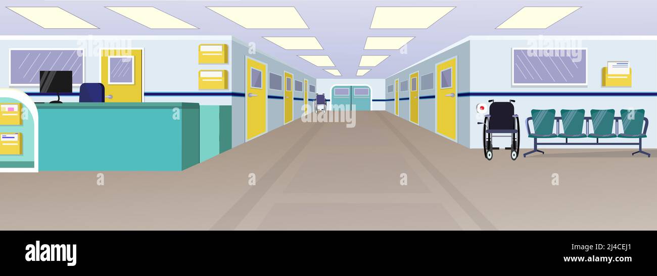 Hall dell'ospedale con reception, porte nel corridoio e sedie illustrazione vettoriale. Interno della clinica. Concetto di ospedale. Per siti Web, sfondi, poster o Illustrazione Vettoriale