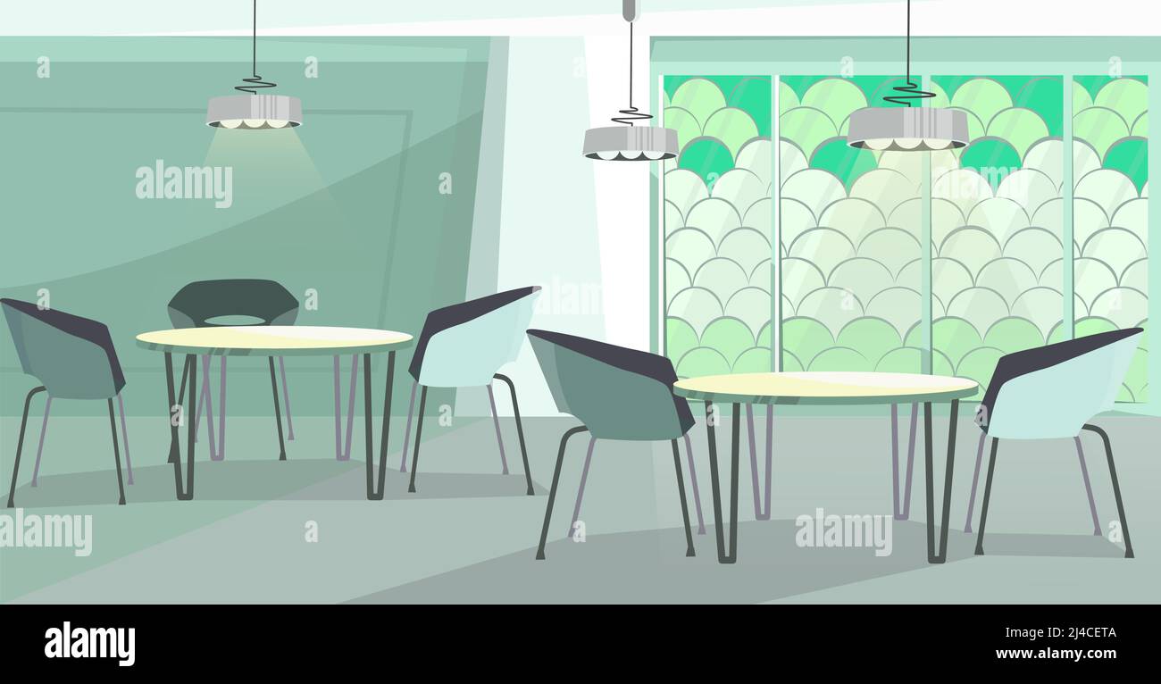 Accogliente caffetteria con disegno moderno e illustrazione vettoriale. Moderna caffetteria con tavoli rotondi, sedie e pareti a mosaico. Illustrazione interna Illustrazione Vettoriale