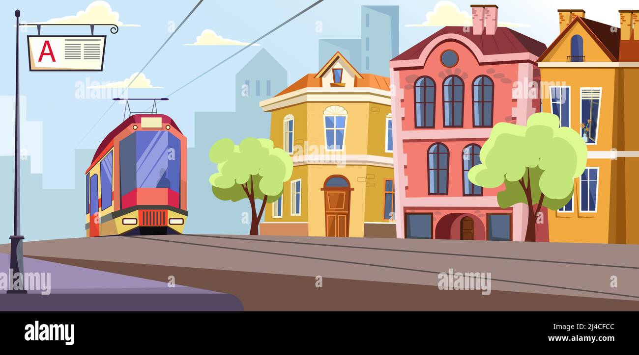 Tram moderno che corre su rotaie in città vettore illustrazione. Fermata del tram contro un edificio colorato. Illustrazione della vita cittadina Illustrazione Vettoriale
