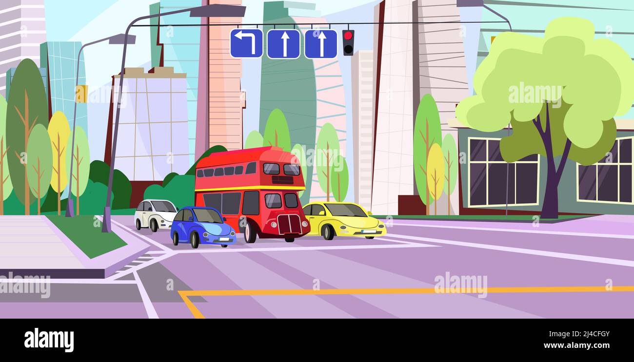 Autobus a due piani e auto con illustrazione vettoriale a luce rossa. Trasporti moderni all'incrocio nella grande città. Illustrazione della vita cittadina Illustrazione Vettoriale