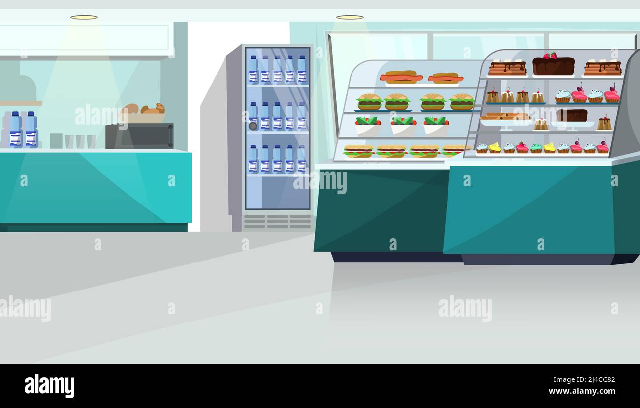Contatore di cibo in illustrazione vettoriale negozio di dolciumi. Sandwich, hamburger e caramelle su scaffali, frigorifero con acqua in bottiglia. Illustrazione interna Illustrazione Vettoriale