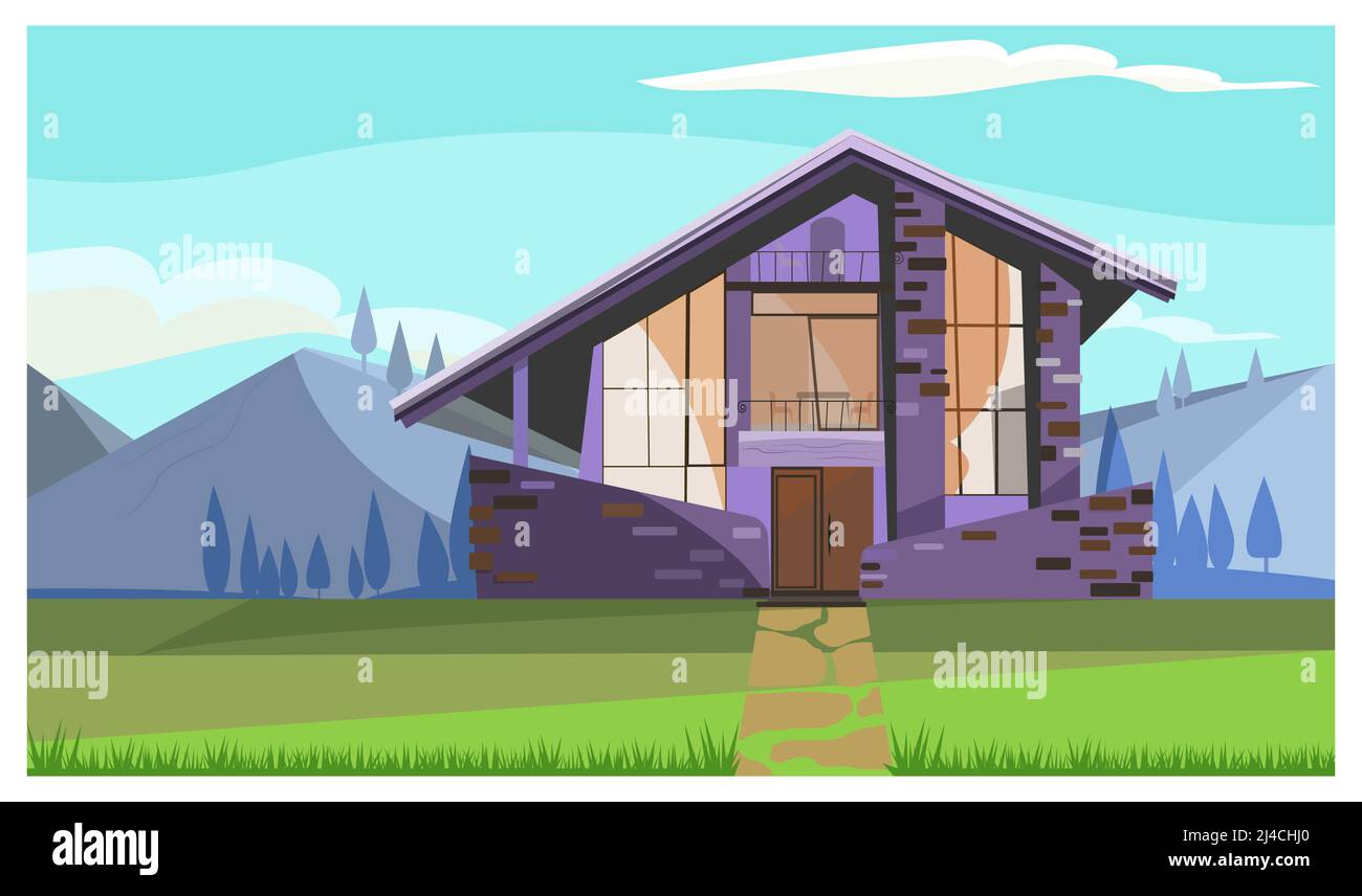 Moderno cottage in pietra con finestre panoramiche in campagna. Bellissimo paesaggio di montagna con casa. Concetto di casa per le vacanze. L'illustrazione può essere utilizzata f Illustrazione Vettoriale