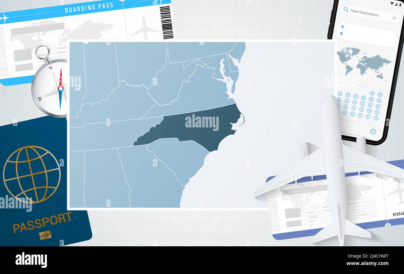 Viaggio in Carolina del Nord, illustrazione con una mappa della Carolina del Nord. Sfondo con aeroplano, cellulare, passaporto, bussola e biglietti. Modello vettoriale Illustrazione Vettoriale