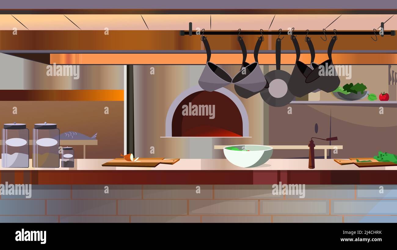 Cucina del ristorante con forno e illustrazione vettoriale del contatore. Moderno spazio di lavoro con pentole da cucina appese e stoviglie sul tavolo. Concetto di interni Illustrazione Vettoriale