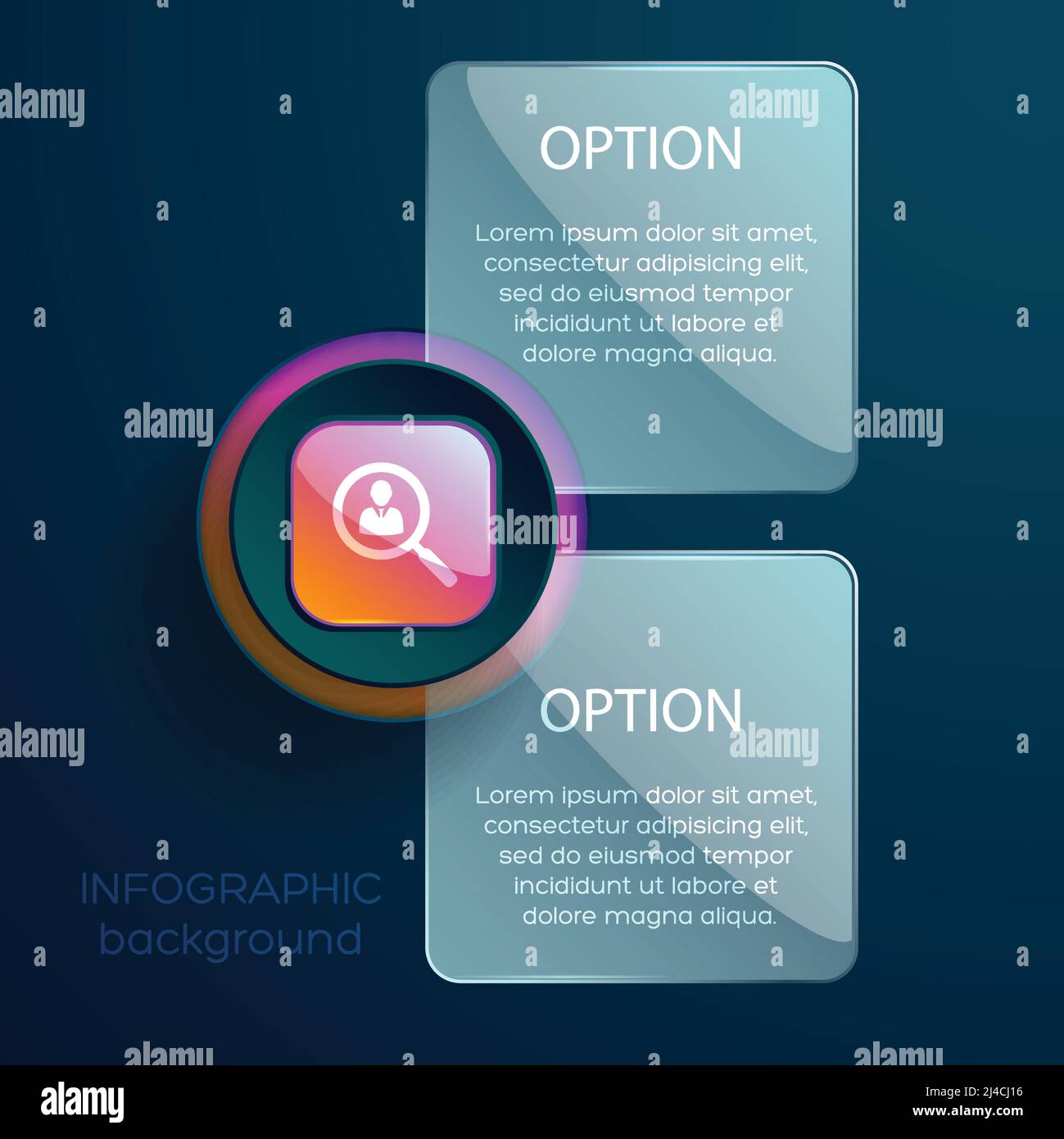 Concetto aziendale con pittogramma sociale dell'obiettivo con zoom infografico e due caselle di testo modificabili sull'illustrazione vettoriale con sfondo azzurro Illustrazione Vettoriale